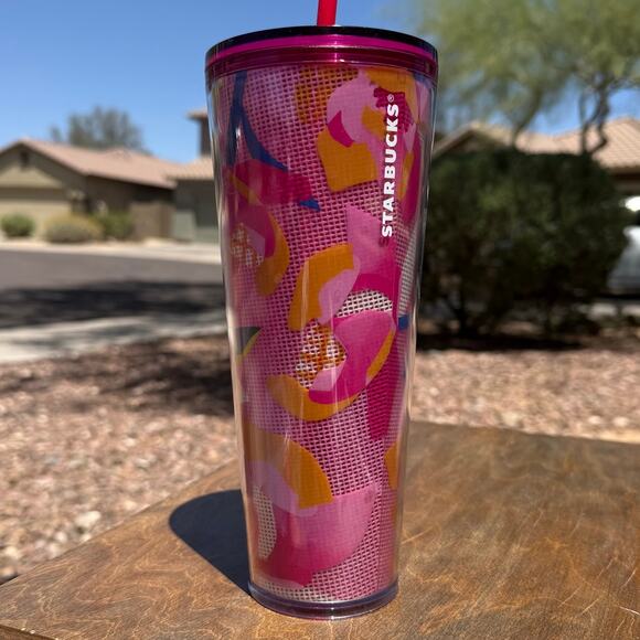 STARBUCKS Spring 2023 Pink Floral Cold Cup Tumbler Venti 24‎ oz Blue Straw - Picture 1 of 4